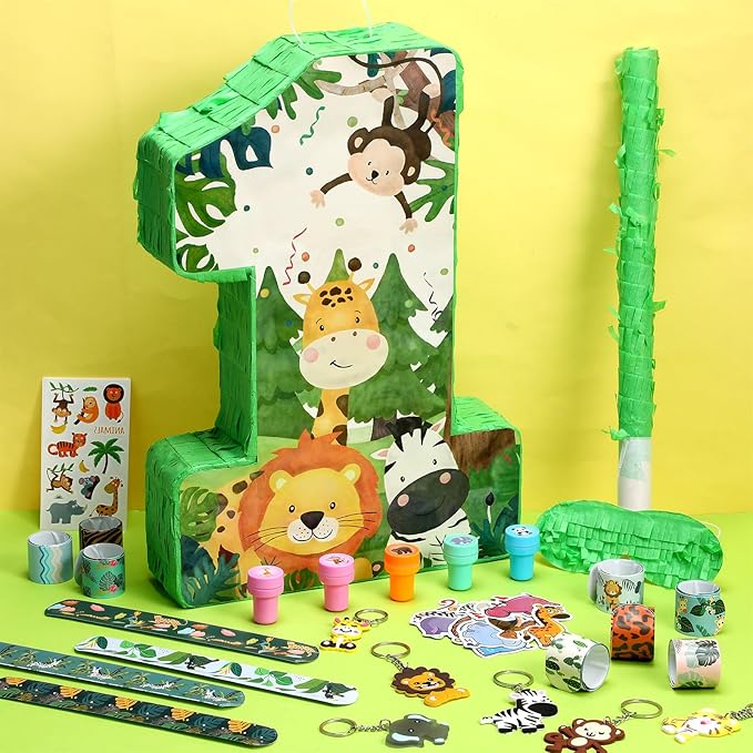 Pasimy 93 Pcs Jungle Safari Party Favors Include Wild One Piñata Stick Blindfold Zoo Animal Stickers Forest Slap Bracelets Stampers Keychains for Jungle Safari Birthday Party Supplies