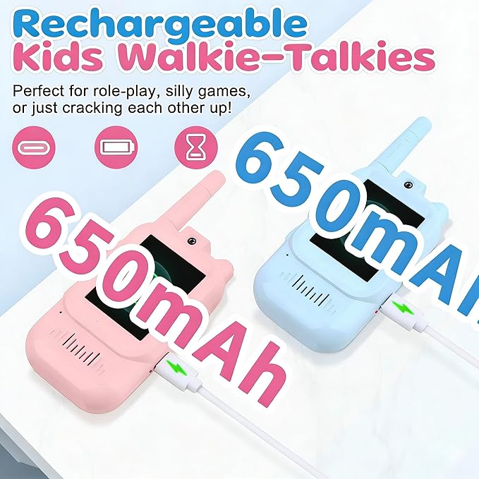 Kids Video Walkie Talkies 2 Pack, Rechargeable with HD Screen & 4 Voice Changers, Long Range Two-Way Radios Toys for Indoor-Outdoor Camping, Gifts for Boys Girls Ages 3-8 (Blue/Pink)