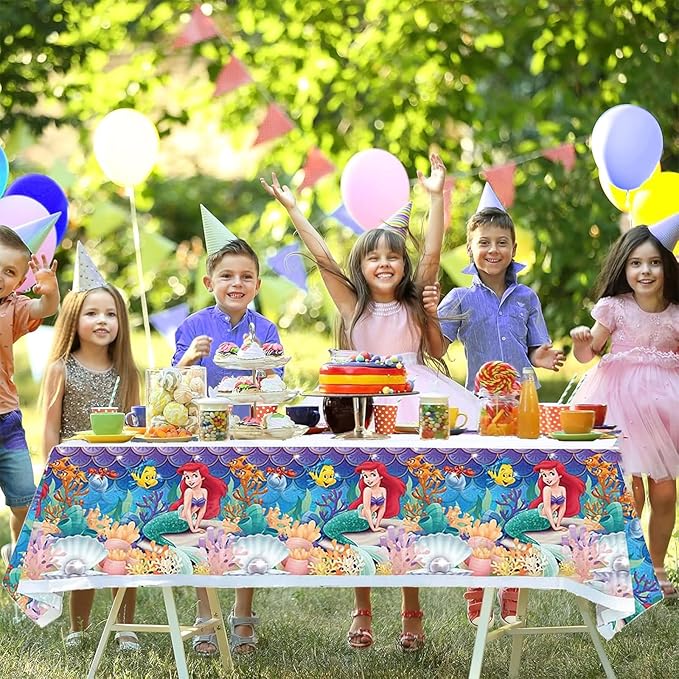 Little Mermaid Tablecloth, 2pcs Rectangular Plastic Table Cover, 70'' x 42'', Waterproof Birthday Party Supplies Decorations (2 Pack Blue Pink) 1