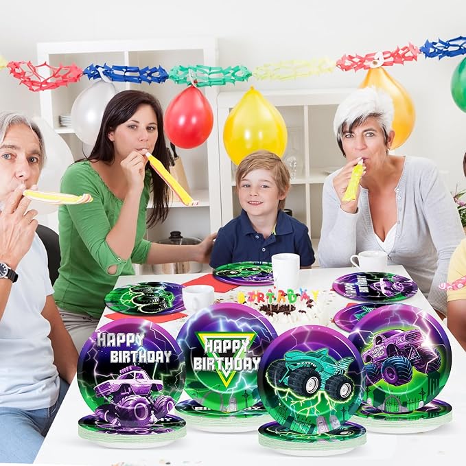 60Pcs Green Purple Monster Truck Party Paper Plates for Monster Truck Birthday Party 9in Racing Car Theme Disposable Tableware Dinnerware Set for Kids Boys Monster Truck Birthday Party Supplies