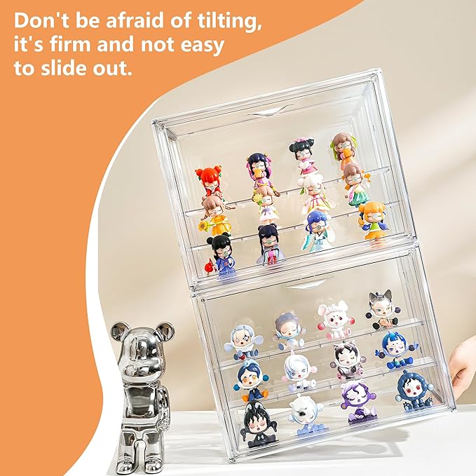 Attelite Acrylic Display Case for Collectibles, 3 Tier Figure Display Cases with 2 Movable Dividers, Clear Stackable Display Box Showcase with Magnetic Door for Action Figures