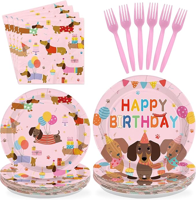 96Pcs Dachshund Dog Birthday Party Decoration Pink Wiener Dog Puppy Plates and Napkins Cartoon Puppy Pet Themed Disposable Paper Tableware Set for Kids Birthday Party Supplies Serves 24