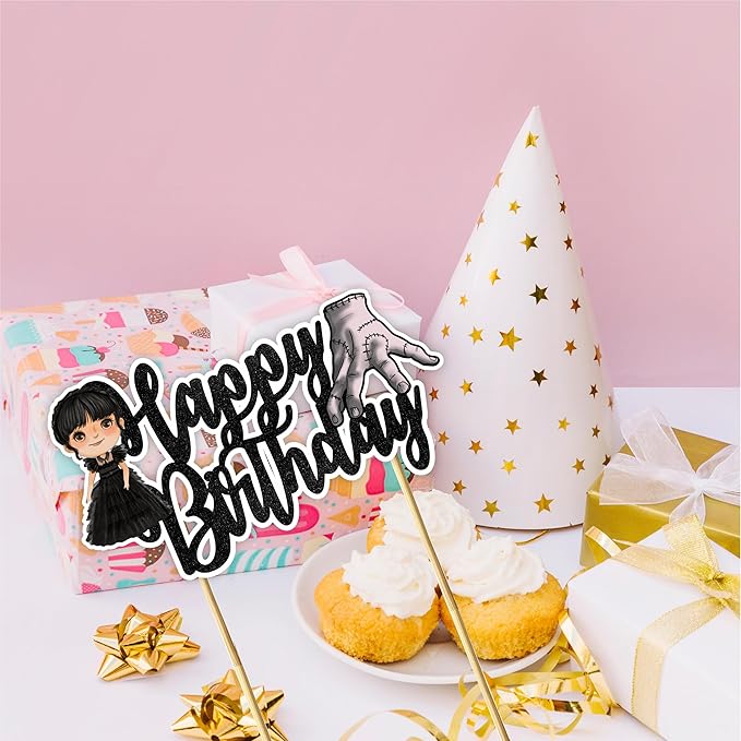 "Wednsday Happy Birthday Cake Topper – Spooky Gothic Theme Birthday Party Decoration – Creepy and Cool Cake Decoration for Adults – Addams Family Inspired Party Supplies for Halloween & Birthdays"