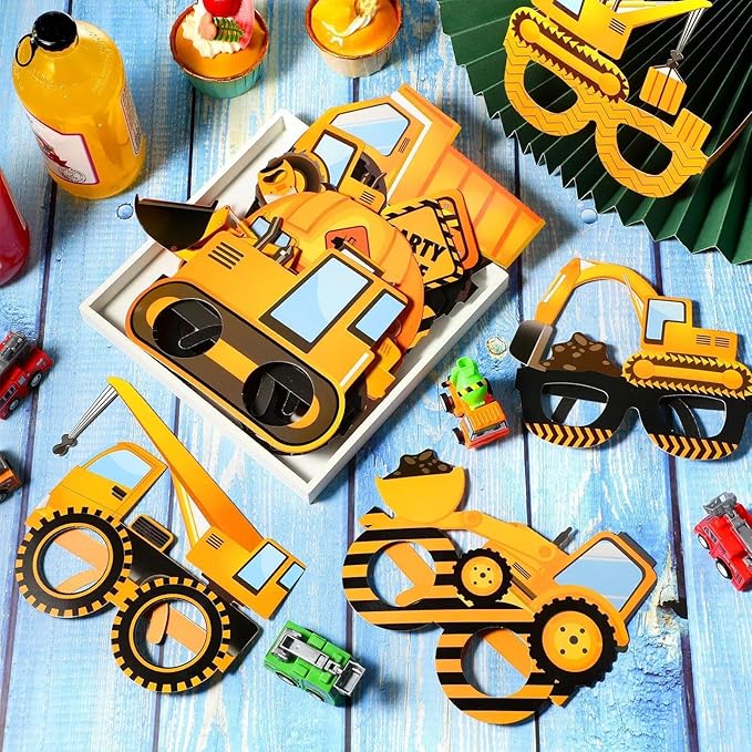 Funrous 32 Pcs Construction Theme Party Eyeglasses Dump Truck Cardboard Glasses Engineering Excavator Photo Booth Props for Boy Transportation Birthday Party Supplies Favor