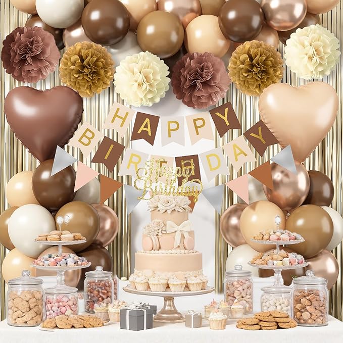 Brown Birthday Decorations, Tan Beige Cream Neutral Boho Balloons Happy Birthday Banner Fringe Curtain Heart Foil Balloons for Women Boys Girls Boho Baby Shower Bachelorette Party Decoration Supplies