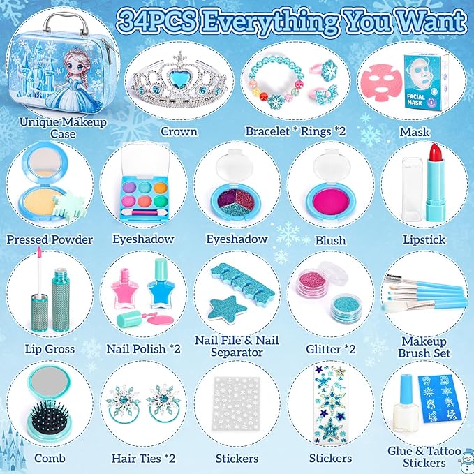 Kids Makeup Set for Girls Toys, 34Pcs Washable Princess Make Up Kit w/ Dress Up Accessories, Christmas Birthday Princess Gifts Toys for Girls Kids Toddlers Age 3 4 5 6 7 8 9 10 11 12