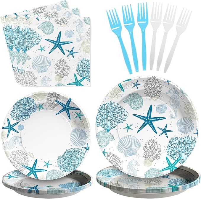 96Pcs Coastal Beach Party Decorations Blue Seashell Starfish Coral Plates and Napkins Sets Nautical Ocean Birthday Party Decorations for Summer Beach Baby Shower Wedding Party Supplies Serves 24