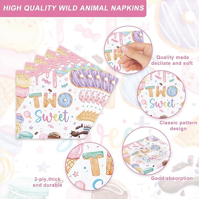 120PCS Two Sweet Birthday Party Supplies Two Sweet Donut Ice Cream Decorations for Baby Girl 2nd Second Birthday Tableware Set Plates Napkins Cups Set for 20 Guests