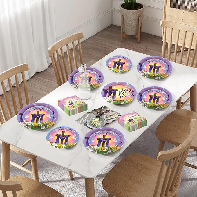 180Pcs Easter He is Risen Paper Plates and Napkins Set,Disposable Jesus Cross Lily Floral Easter Party Decorations for Religion Christ Party,Serve 60 Guests