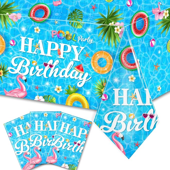 3Pieces Pool Party Tablecloth - Summer Swimming Table Decoration Disposable Pool Birthday Table Cover for Hawaii Birthday Baby Shower Party Supplies