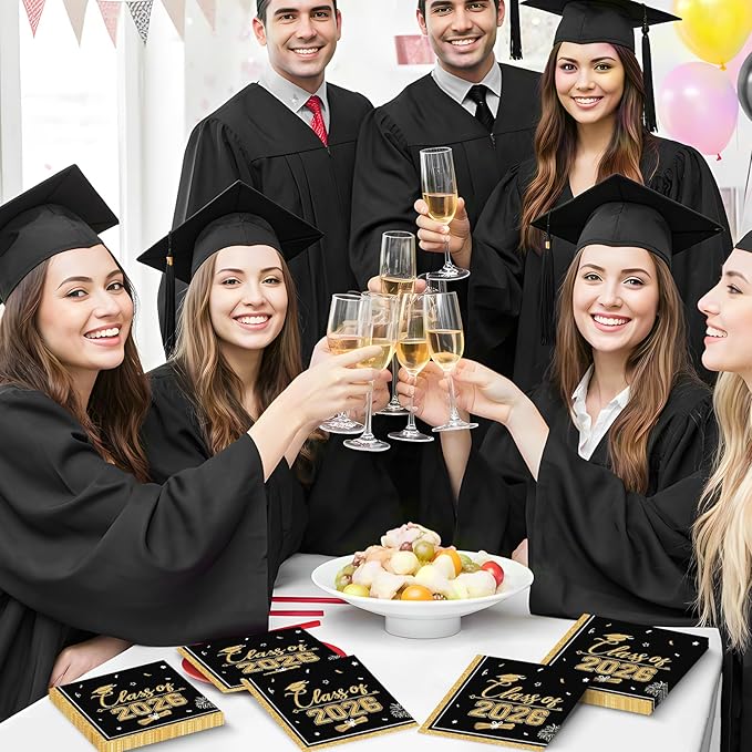50 Pcs Graduation Napkins Class of 2026 - Black Gold Congrats Grad Napkins Set, 3-Ply Disposable Graduation Luncheon Dinner Party Paper Napkins for Graduations Party Supplies Table Decoration