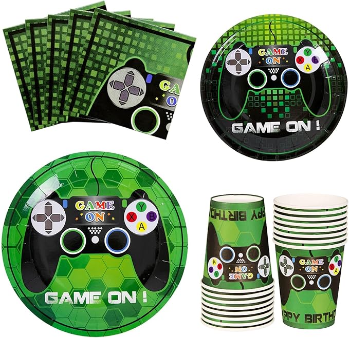 WERNNSAI Video Game Birthday Decorations - 64 PCS Game Plates Napkins and Cups Gaming Birthday Plates for Boys Gamer On Level Up Party Supplies for Gaming Theme Baby Shower Birth Anniversary Parties