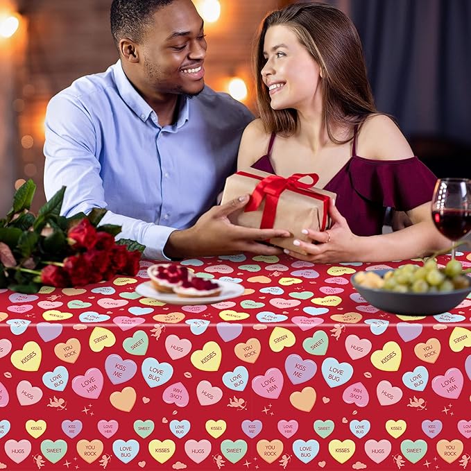Valentine’s Day Table Cover - 3 Packs Valentine’s Day Themed Waterproof Disposable Plastic Tablecloth Rectangle Table Cloths School Holiday Party Favors Classroom Decoration Supplies Banner