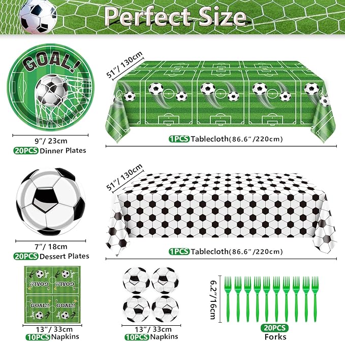 Soccer Party Supplies Kit Serve 20, Disposable Tableware Set Includes Dinner Plates, Dessert Plates, Napkins, Forks, Tablecloths for Boys Birthday Sports Theme Party Decorations