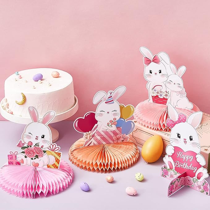 Epakh 10 Pcs Easter Bunny Party Centerpiece Cute Rabbit Table Decorations 3D Bunny Honeycomb Centerpiece for Girl Birthday Party Table Decorations Baby Shower Supplies