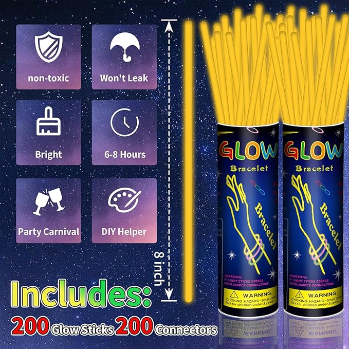 200 Pack 8'' Glow Sticks Bulk Party Favors Orange Light Up Sticks with Connectors Neon Glow in the Dark Party Supplies Bracelets for Holiday Birthday Party Decoration(Orange)