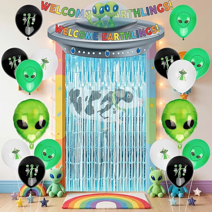 24PCS Alien Birthday Party Decorations Set, Space Theme Party Supplies with Alien & Cow Balloons Decorations, Blue Foil Fringe Curtain, Outer Space Birthday Decorations