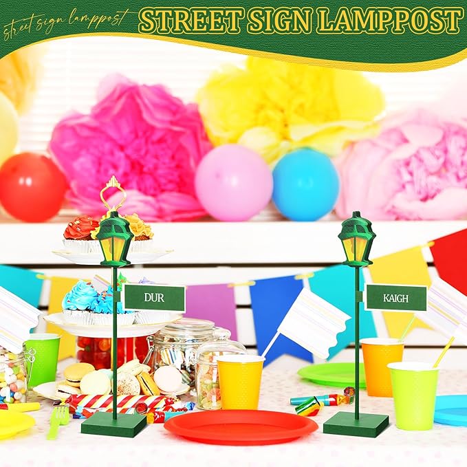 6 Pcs Street Sign Lamp Post Centerpiece Wooden Lamp Post with Street Party Sign Sticker for Toy Decor Friend Birthday Party Supplies Decoration(Green)
