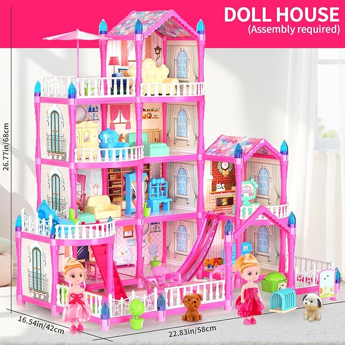 Doll House Toys for Girls, Dollhouse with Glow in The Dark, Kids Doll House Playset with 4-Story 14 Play Areas, 2 Dolls, Toy Dogs, Dollhouse Accessories and Furniture, Princess Toy Gifts