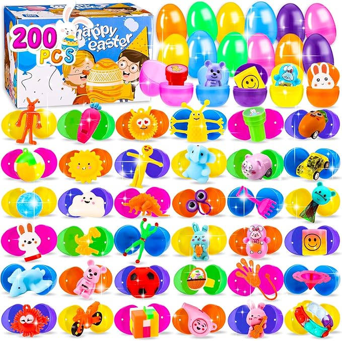 200 PCS Prefilled Easter Eggs with Toys Inside, Bulk Easter Eggs Filled for Easter Egg Hunt, Easter Party Favors & Easter Basket Stuffers for Kids