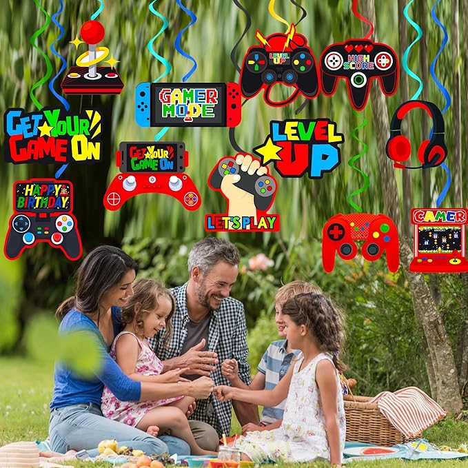 umoni Video Game Birthday Hanging Swirls Red Video Game Party Decorations 20Pcs On Ceiling Streamers Gaming Birthday Party Hanging Decorations or Level Up Baby Shower Supplies