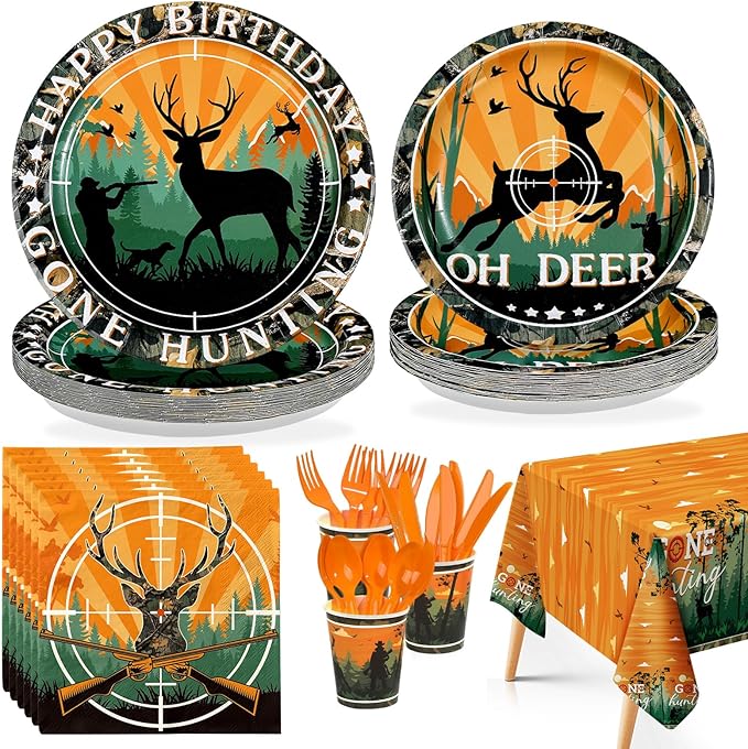 170Pcs Hunting Camo Party Decorations Oh Deer Hunting Birthday Plates Napkins Cups Forks Knives Spoons Tablecloths Hunting Theme Birthday Tableware Set for Kids Outdoor Camping Party Supplies Serves24