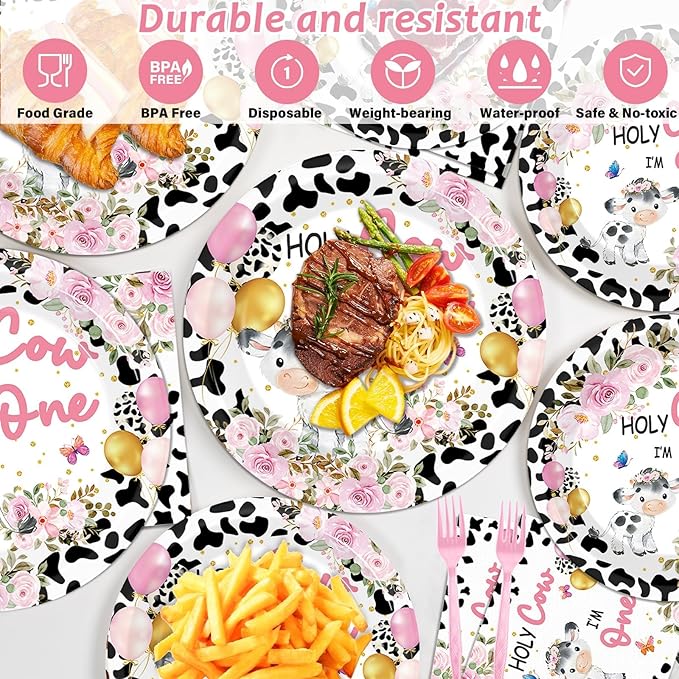 gisgfim 96Pcs Holy Cow I'm One Party Supplies Pink Cow Print Paper Plates Napkins Floral Cows First Birthday Party Tableware Set Dinnerware for Girl 1st Birthday Table Dinner Decoration Serve 24