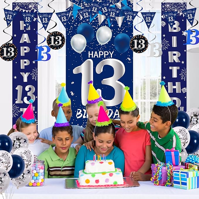 13th Birthday Decorations for Boys Girls, Navy Blue Happy 13th Birthday Door Banner Sign, 13 Years Old Party Supplies Teenagers Bday Backdrop Balloons Hanging Decors