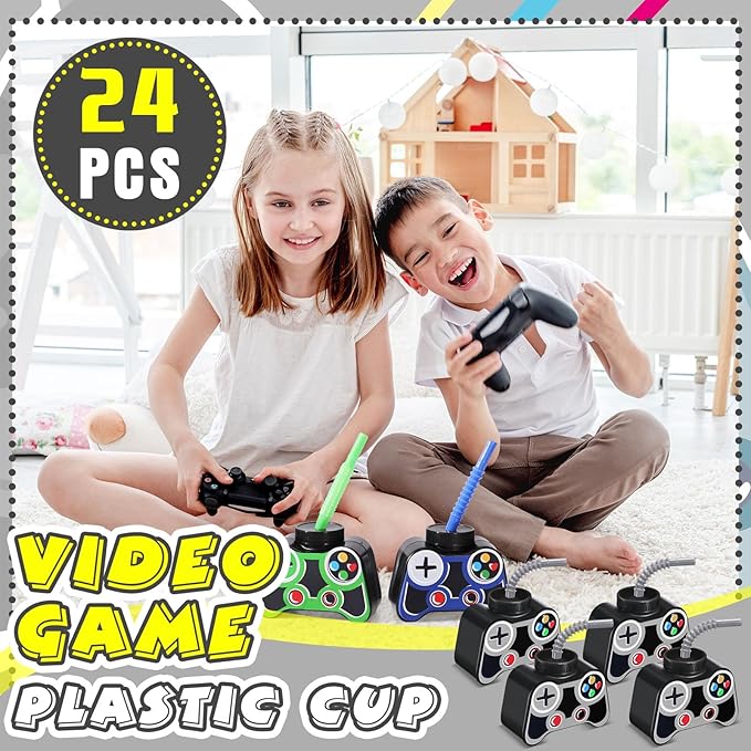 Mifoci 24 Pcs Plastic Video Game Party Cups with Straw and Lid 10oz Gamer Birthday Themed Drink Cups 7th Video Game Party Favors for Kids Toddlers Gamer Birthday Supplies (Gray)