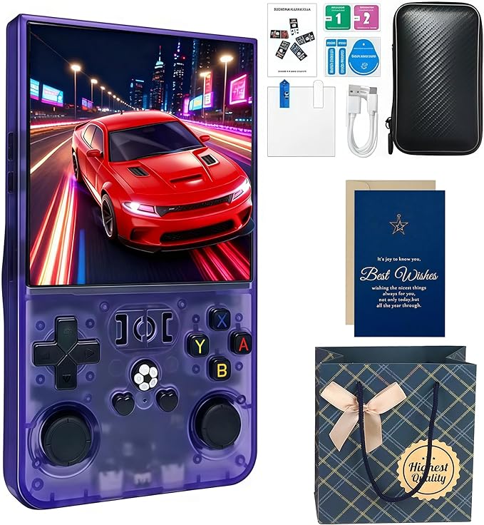 MYCHA R36MAX Retro Handheld Game Console Christmas Set with Gift Card & Bag,4 inch HD IPS Screen 128GB 21000+Classic Games,Portable Gift for Gamer (Purple Set)