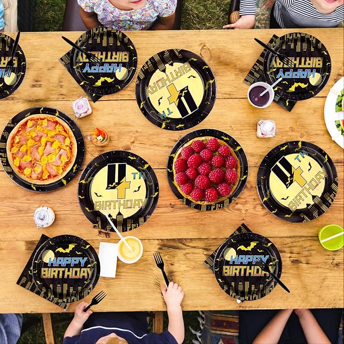 96Pcs Bat 4th Birthday Party Decorations Black Yellow Cartoon Bat Hero Paper Plates and Napkins Set Bats Fourth Birthday Decoration for Boys 4 Years Old Super Theme Hero Bats Party Supplies Serves 24