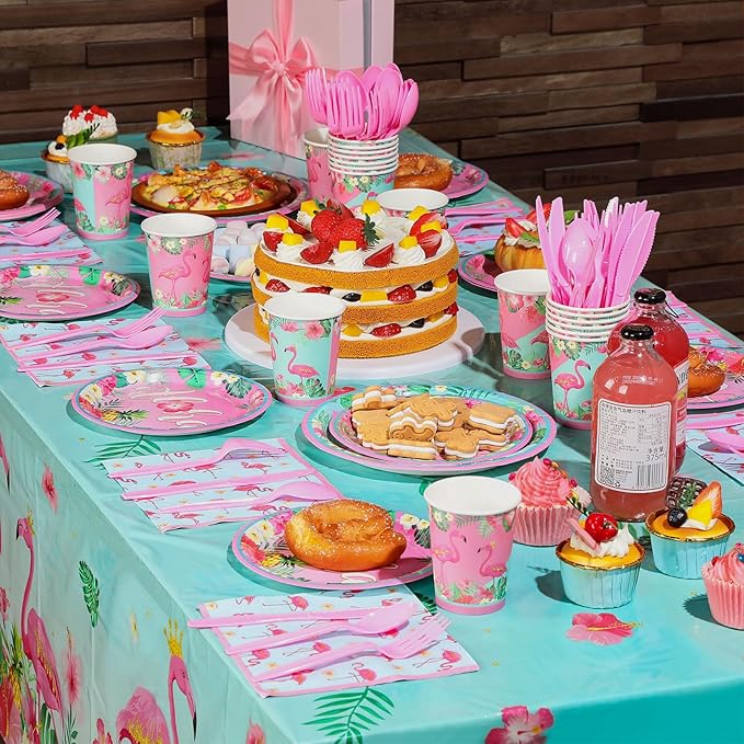 Blosssound 171 Pcs Flamingo Birthday Party Supplies 16 Sets Tropical Hawaiian Party Decorations Include Napkins Plates Cups Spoons Forks Knife Balloons Leaves Backdrop Tablecloth for Girls Boys Kids