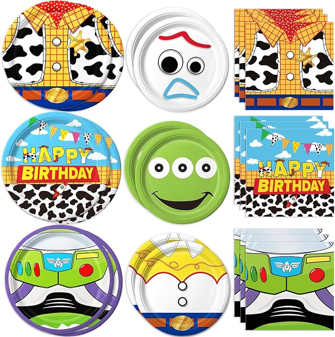 90Pcs Cartoon Birthday Party Supplies Cartoon Plates Napkins Tableware for Toy Theme Birthday Decor for 30 Guests