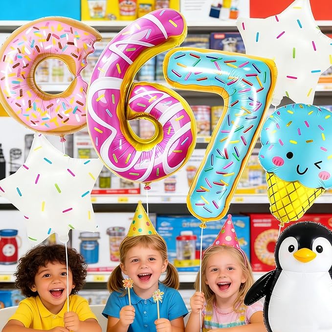 6 7 Birthday Decorations Foil Balloon Set, 6 7 Balloons, 7 Pcs Six Seven Donut & Ice Cream Balloons, Six Seven Birthday Party Décor, 6 7 Meme Theme Party Supplies