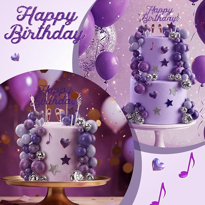 Leinuosen 76 Pcs Kpop Cake Topper Popular Singer Birthday Cake Decoration with Purple Disco Balls Pop Music Birthday Party Decoration Kpop Theme Party Supplies
