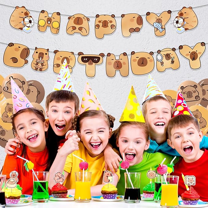 Capybara Theme Birthday Party Decorations, Birthday Party Supplies Decorations Set Include Banner, Balloons, Cake Toppers and Cupcake Toppers for Home Classroom Decor