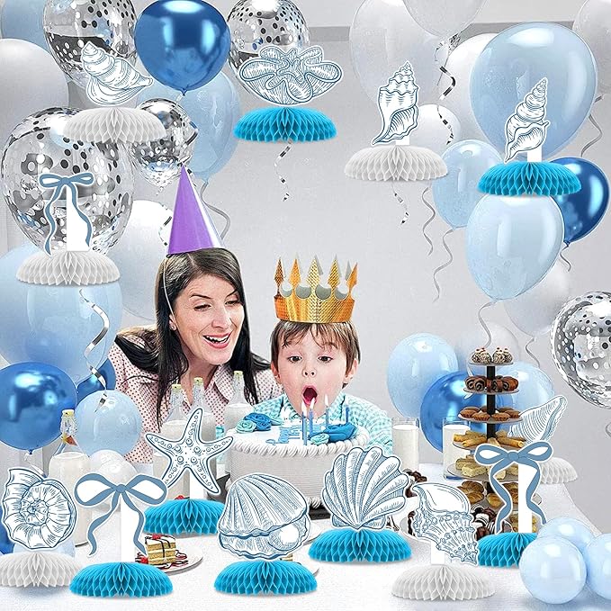 14 Pcs Summer Seashells Party Table Decorations, Ocean Happy Birthday Honeycomb Centerpieces, Party Supplies Birthday Decorations Blue Bow Starfish Seashells for Women Men Baby Shower