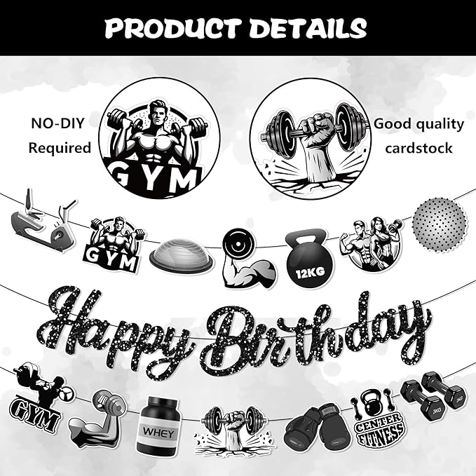 CC HOME 3Pcs Gym Happy Birthday Banner Barbell Boxing gloves Party Hanging Banner Fitness Theme Birthday Bridal Wedding Baby Shower Boys Girls Kids Home Classroom Party Supplies Decorations
