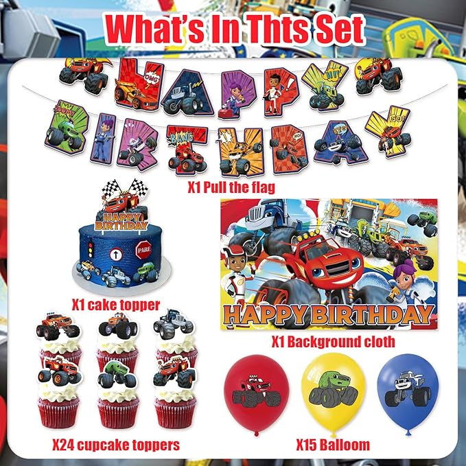42pcs Blaze and the monster Birthday Party Supplies Pack Includes，Banner，Cake Topper，Blackdrop,Balloons for Blaze Party Supplies