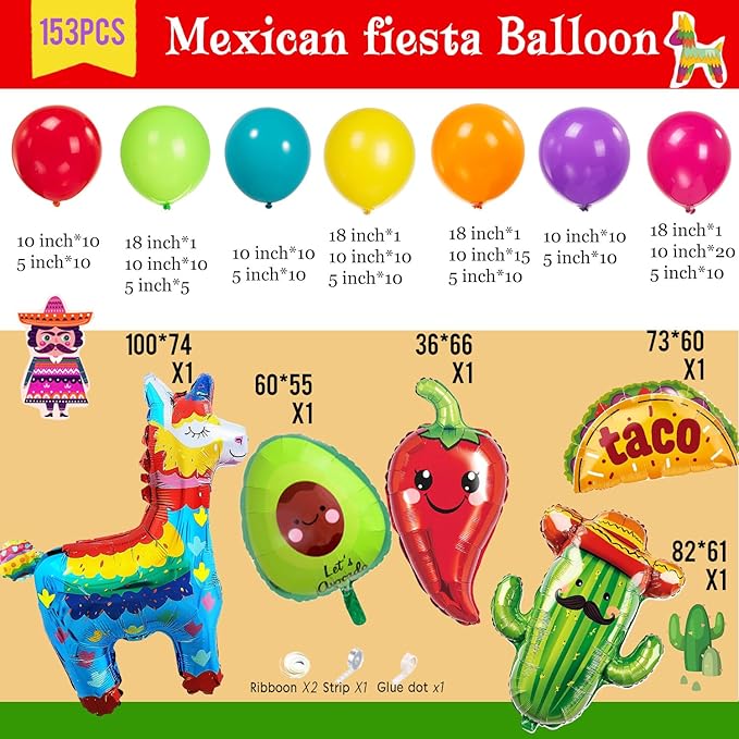 Fiesta themed balloon garland kit 150pcs Mexican Fiesta Party Decorations Arch With Cactus Llama Taco Avocado Chili Pepper Mylar Balloons for carnival Birthday Cinco De Mayo Taco Party Supplies
