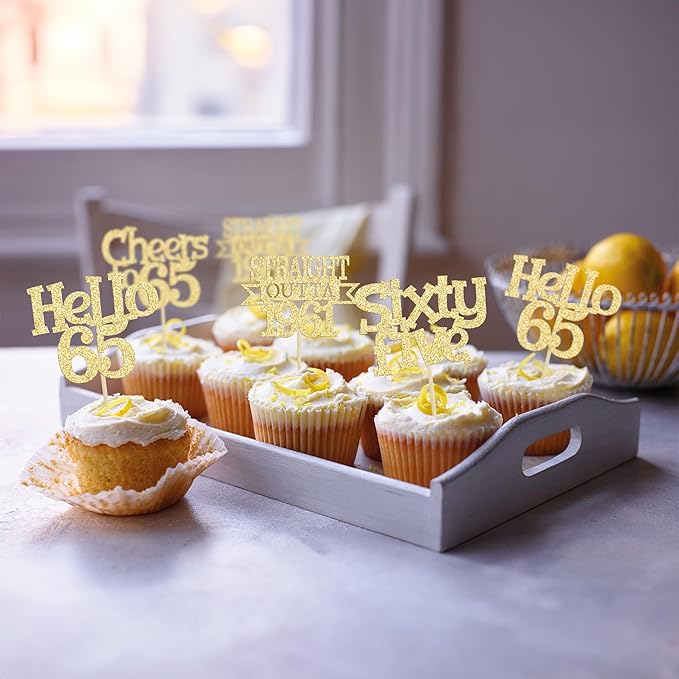 Ephlyn 24Pcs 65th Birthday Cupcake Toppers Glitter Straight Outta 1961 Cupcake Picks Hello 65 Cheers to 65 Years Cake Decorations for 65th Birthday Anniversary Party Decorations Supplies Gold