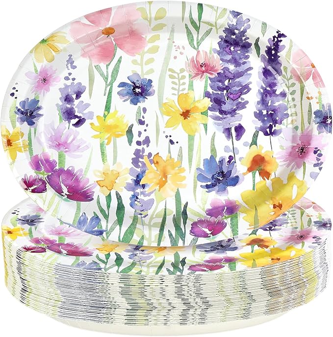 50Pcs Spring Floral Oval Paper Plates 10" x 12" Large Heavy Duty Disposable Flower Vintage Dessert Themed Plates for Spring Summer Floral Holiday Wedding Party Supplies Decorations