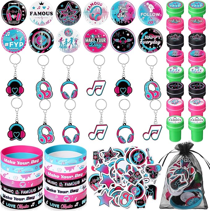 Capoda 110 Pcs Music Party Favor Supplies Kit Media Theme Gift Bag Filler Silicone Bracelets Button Pins Music Keychains Stampers Stickers for Boys Girls Birthday Party Decorations Supplies