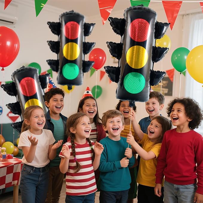 4Pcs Inflatable Traffic Light Foil Balloon Stoplight Party Decor for Race Car Party Decorations, Traffic Signal Balloon Transportation Theme Construction Vehicle Birthday Party Supplies