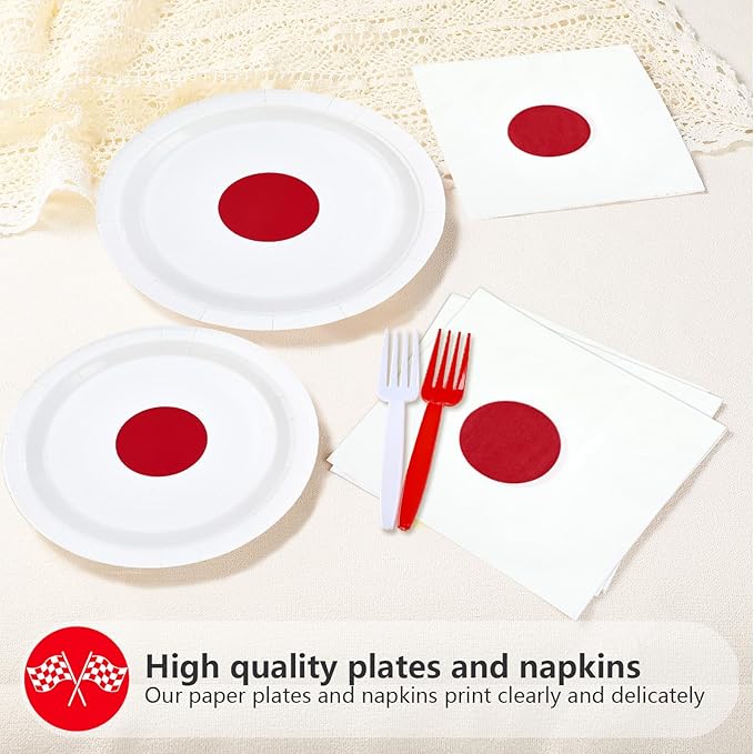 96Pcs Japan Flag Party Decorations Hibachi Asian Japanese Style Plates and Napkins Hinomaru Flag Tableware Set for Japan Themed Party Supplies，Serves 24