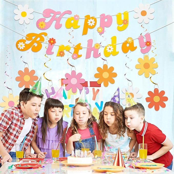 26 PCS Groovy Party Banners Boho Happy Birthday Decorations Daisy Flower Hanging Swirls Retro Hippie Ceiling Streamers for Two Groovy Retro Party Supplies