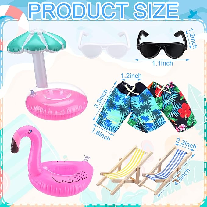 2 Pack Christmas Doll Accessories Beach Doll Clothes Miniature Beach Prop Set Include Chair Swim Ring Sunglasses for Christmas Decoration Accessories