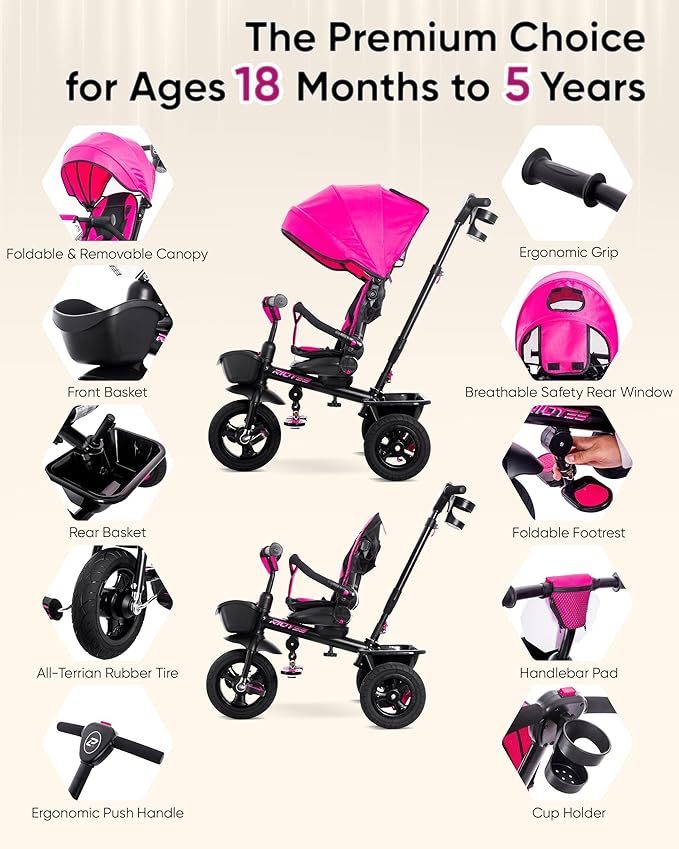 7-in-1 Tricycle for 18 Months to 5 Years, All-Terrain Rubber Tires, Dual Wheel Brakes, Rotatable Seat for Toddlers 1.5-3, Tricycle for 3-5 Years with DIY Stickers, Pink