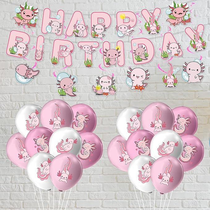 39 Pcs Axolotl Party Decorations, Include Pink Cute Cartoon Animals Happy Birthday Banners, Spiral Ornaments, Cupcaketoppers, Pink Axolotl Balloons for Birthday Party Supplies