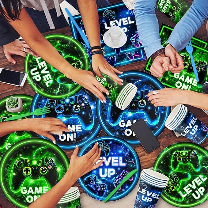 Video Game Birthday Decorations – Neon Game Tableware: Plates, Napkins, Cups, Cutlery, Cake & Cupcake Toppers, Banner, Hanging Swirls, Tablecloths, Balloons for Boy Gamer Birthday Party, Serves 24